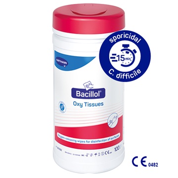 Product packshot of a Bacillol Oxy Tissues disinfectant wipes canister with a red lid, shown with a “sporicidal C. difficile 15 min” label and CE marking on a white background.