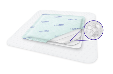 Close-up of the Zetuvit® Plus Silicone Border dressing showing its layered structure, with a magnified inset highlighting the absorbent core material.