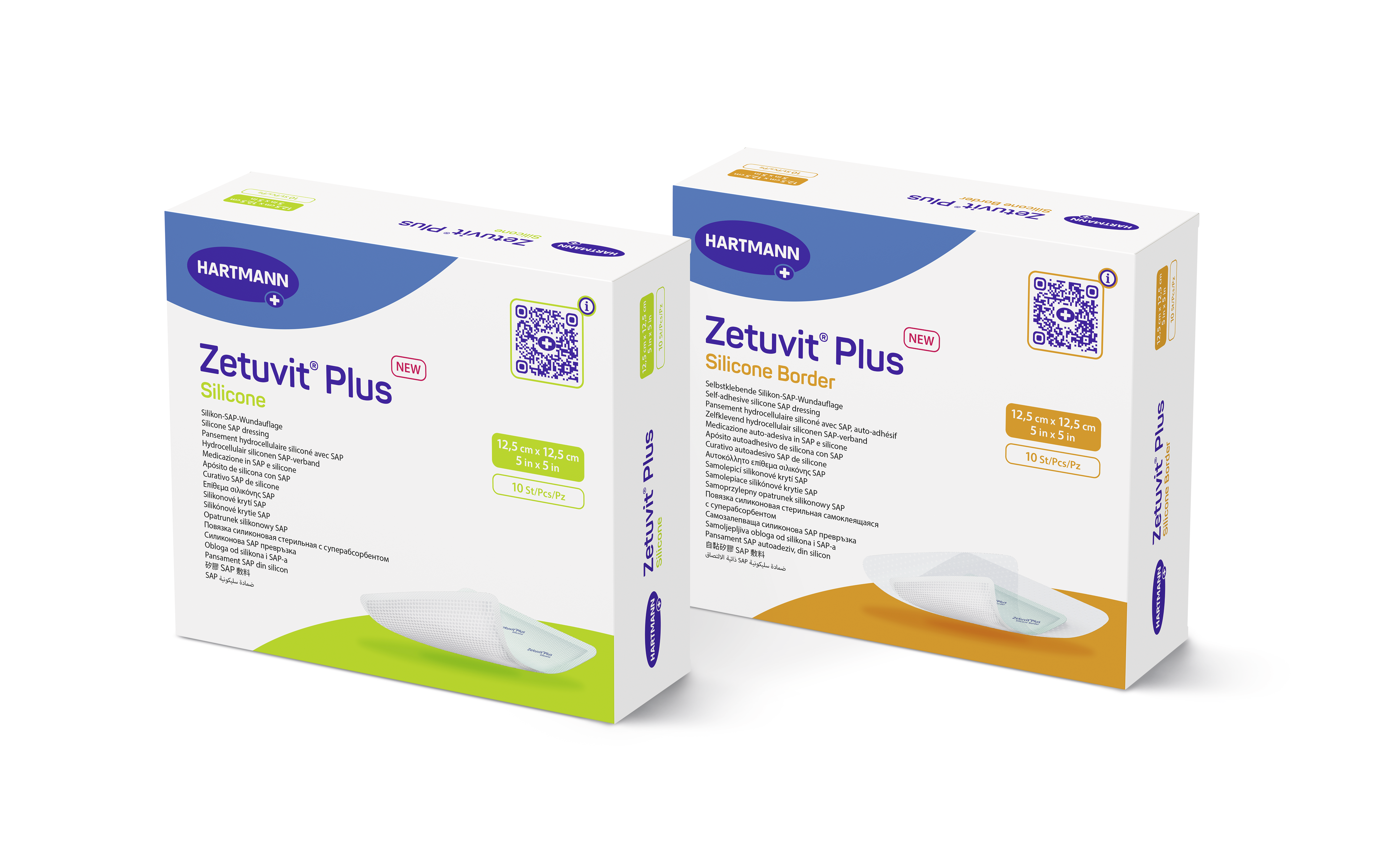 Two HARTMANN Zetuvit® Plus dressings packs shown side by side: Zetuvit® Plus Silicone and Zetuvit® Plus Silicone Border