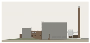 Side view of a modern industrial building featuring tall chimneys, metal cladding, and geometric design elements on a flat landscape.
