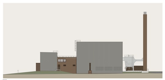 Side view of a modern industrial building featuring tall chimneys, metal cladding, and geometric design elements on a flat landscape.