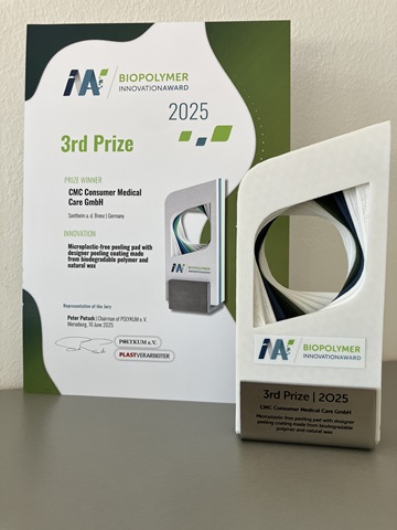 Award certificate and trophy for CMC Consumer Medical Care GmbH's 3rd Prize at the 2025 Biopolymer Innovation Award for a microplastic-free peeling pad.