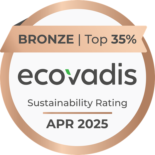 Bronze EcoVadis Sustainability Rating badge for April 2025, indicating top 35% achievement in sustainable practices.