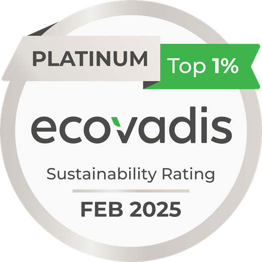 Ecovadis Platinum Sustainability Rating badge indicating top 1% status as of February 2025, showcasing commitment to eco-friendly practices.