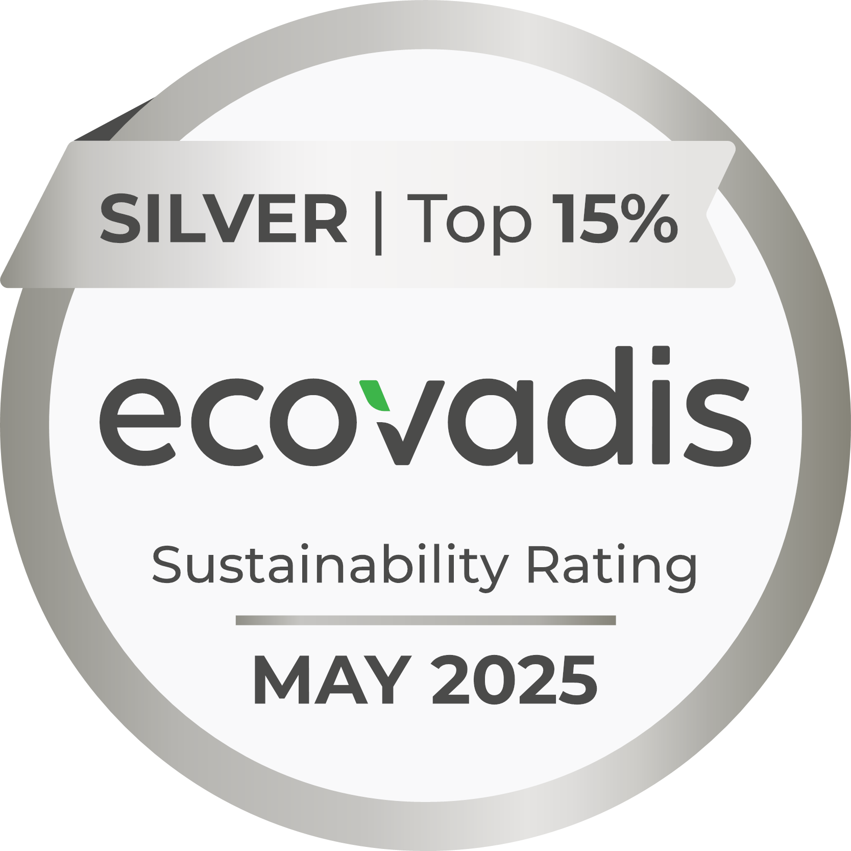 EcoVadis Silver badge for top 15% sustainability rating in May 2025, highlighting eco-friendly and responsible business practices.