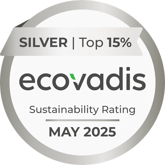 EcoVadis Silver badge for top 15% sustainability rating in May 2025, highlighting eco-friendly and responsible business practices.