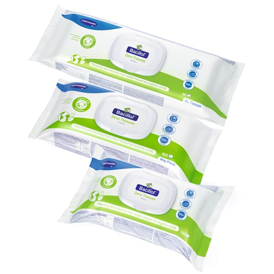 Three packages of Bacillol Zero Tissues featuring organic acids, ideal for effective cleaning and disinfection. Pack sizes include 80, 100, and 160 wipes.