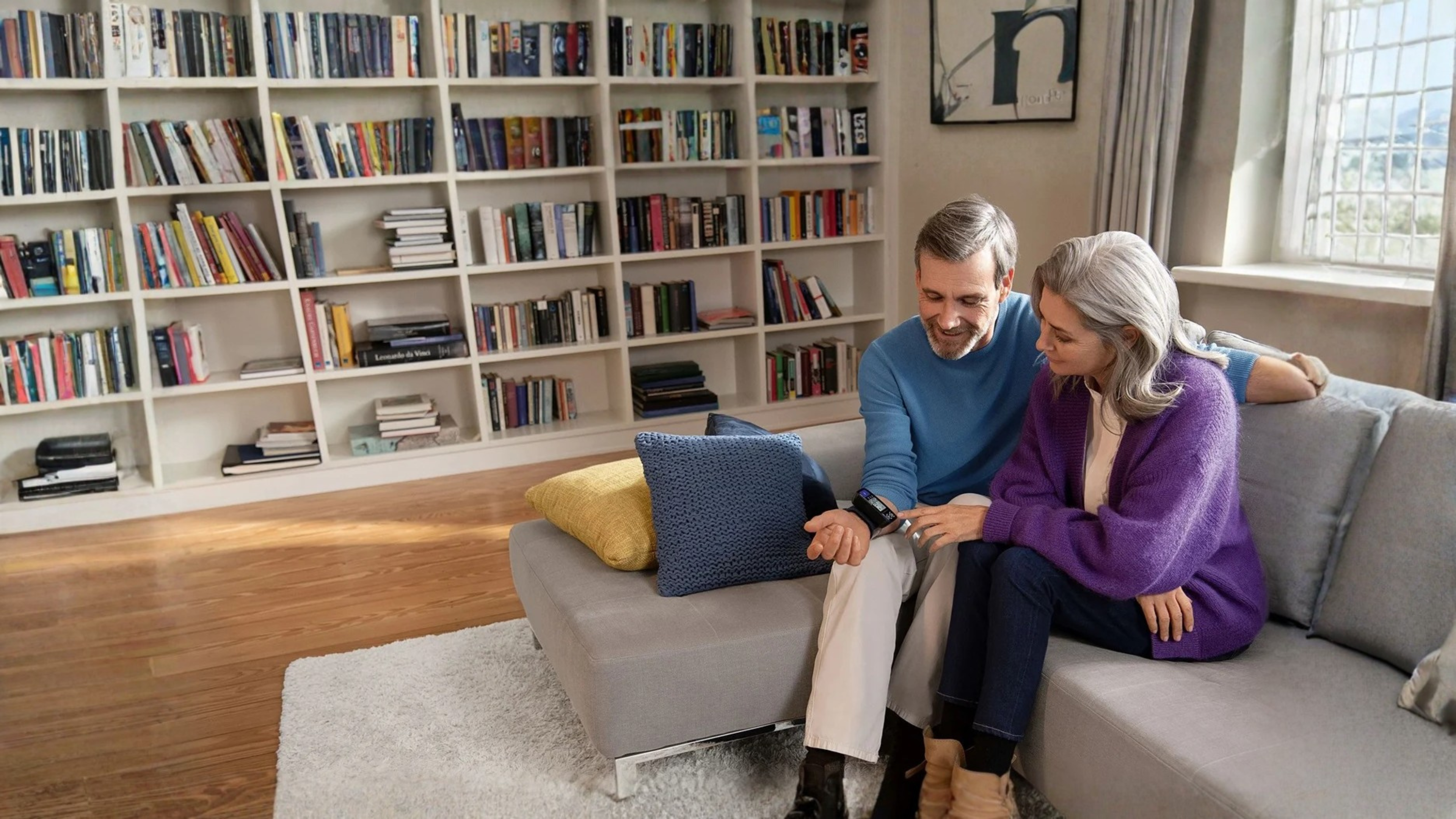 A couple sitting comfortably on a sofa with a health-monitoring device, surrounded by a cozy home library.